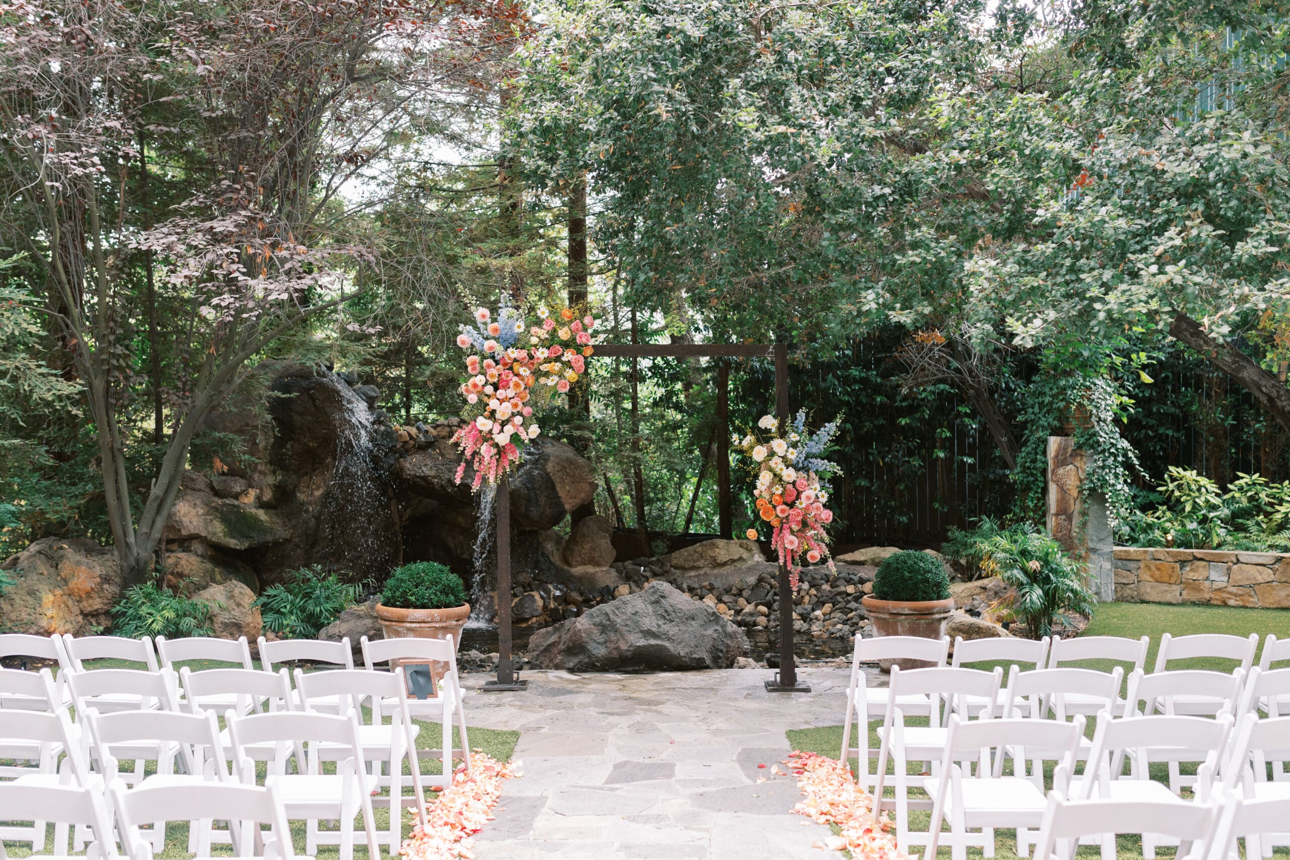 Calamigos Ranch wedding ceremony at ourdoors Birchwood Room